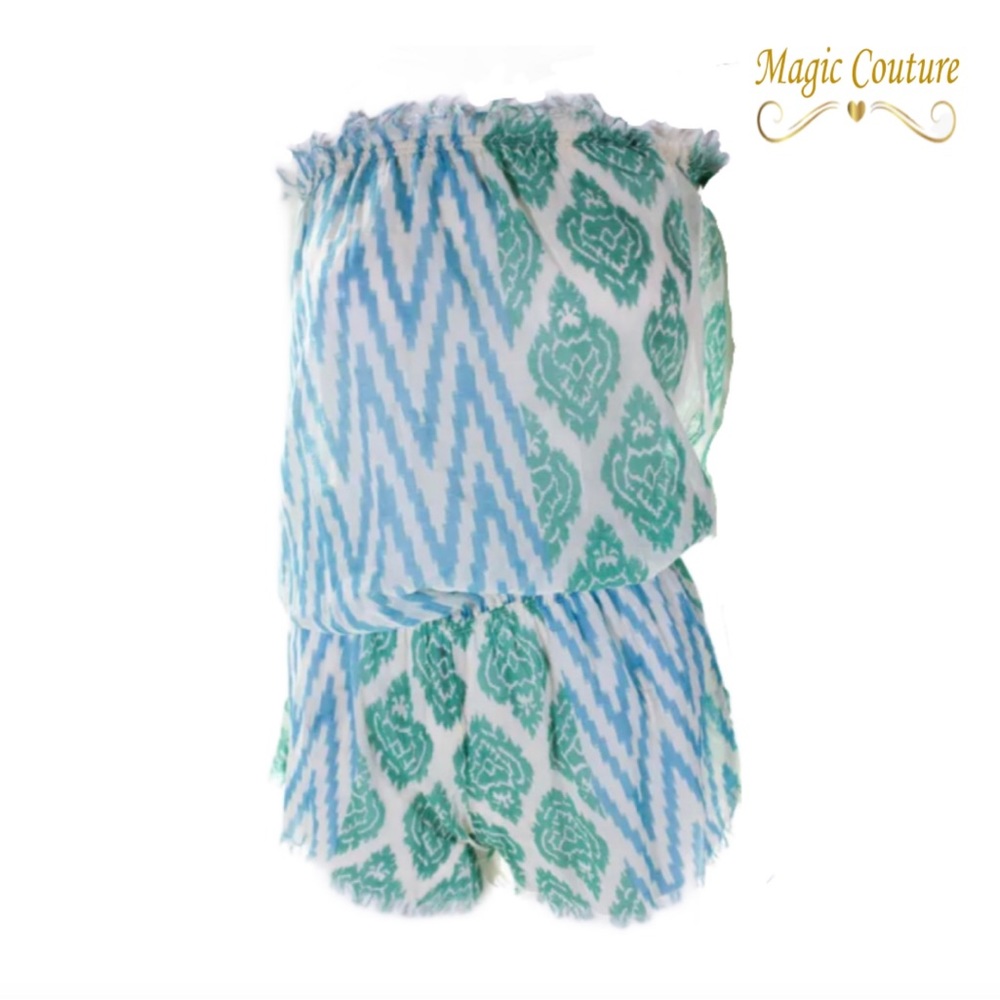 Pop Saint Barth Ikat Print Sheer Strapless Romper💚🤍💙